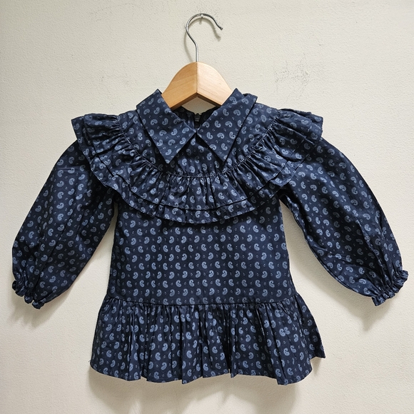 NWOT Sierra Julian Dress Size 2 Navy Blue Ruffle Collar Pleats 100% Cotton - Picture 1 of 9
